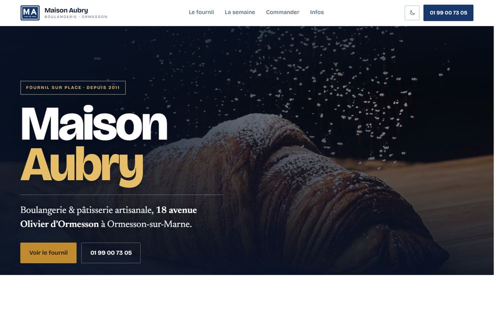 Capture du site de démonstration Maison Aubry, boulangerie : grand titre et photo de vitrine à pains.